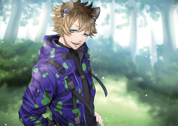 Anime-Bild 3541x2508 mit twisted wonderland ruggie bucchi kinaco 4738 single looking at viewer highres short hair open mouth blue eyes blonde hair animal ears absurdres outdoors blurry boy plant (plants) tree (trees)