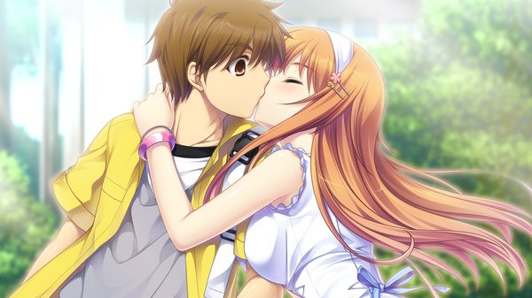 Anime picture 1920x1080 with & - sora no mukou de sakimasu you ni haruki urara saeki hokuto long hair highres short hair red eyes brown hair wide image game cg eyes closed orange hair couple kiss girl dress boy bracelet