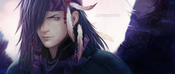Anime picture 1500x640 with final fantasy final fantasy xiii square enix caius ballad felicemelancholie single long hair fringe blue eyes black hair wide image signed hair over one eye realistic face boy hair ornament earrings feather (feathers) bandana