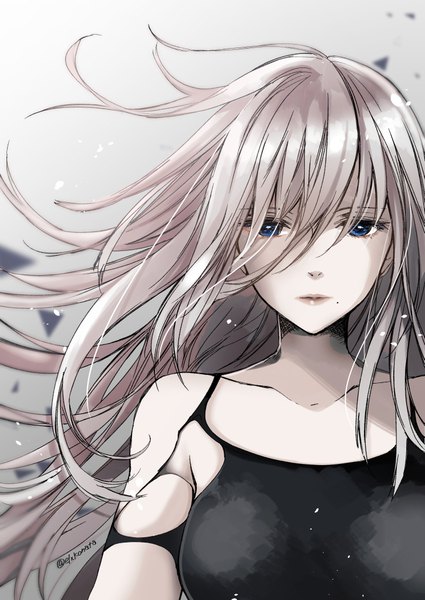 Anime picture 724x1023 with nier nier:automata yorha type a no. 2 konataeru single long hair tall image looking at viewer fringe blue eyes simple background hair between eyes bare shoulders signed silver hair upper body wind lips mole twitter username