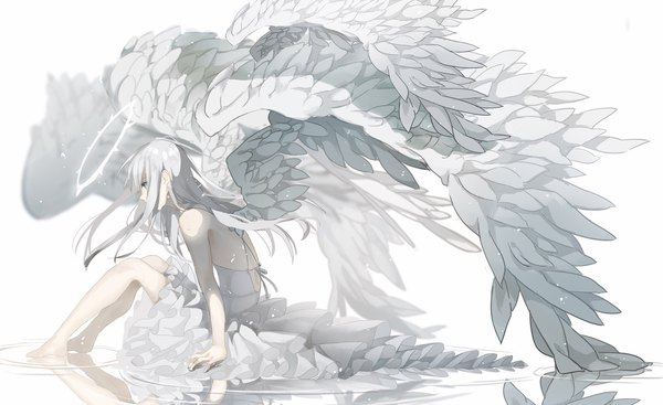 Anime picture 2048x1254 with original yuzua single long hair highres blue eyes simple background wide image white background sitting looking away silver hair full body profile reflection angel wings white wings ripples girl dress