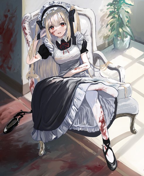 Anime picture 3357x4096 with original nanaponi single long hair tall image looking at viewer fringe highres breasts open mouth blonde hair hair between eyes red eyes sitting absurdres full body indoors blunt bangs short sleeves maid