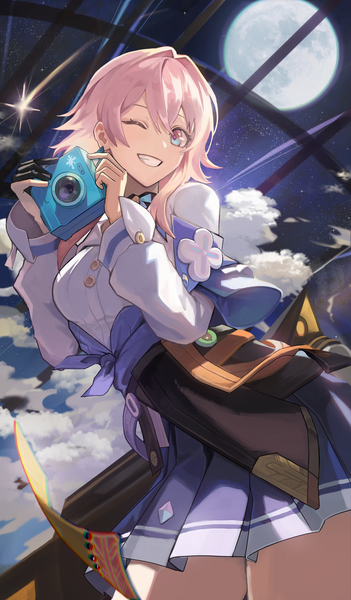 Anime picture 4677x8000 with honkai: star rail honkai (series) march 7th (honkai: star rail) rope (ropeseol) single tall image looking at viewer fringe highres short hair blue eyes smile hair between eyes pink hair absurdres one eye closed wink from below grin girl