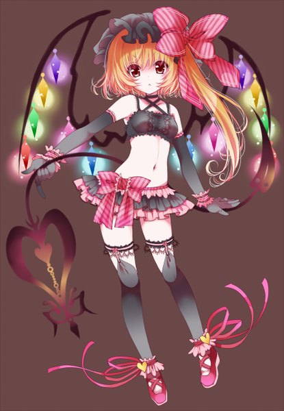 Anime picture 832x1202 with touhou flandre scarlet seidou (tukinomiyako) single tall image looking at viewer blonde hair red eyes midriff one side up girl thighhighs skirt gloves navel bow weapon black thighhighs hair bow miniskirt