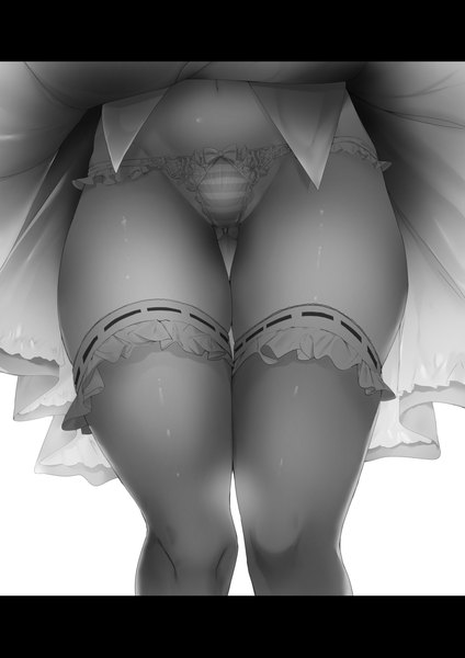 Anime picture 1131x1600 with original noto kurumi single tall image light erotic simple background standing white background from below thighs groin ass visible through thighs letterboxed head out of frame anaglyph upskirt girl thighhighs skirt navel