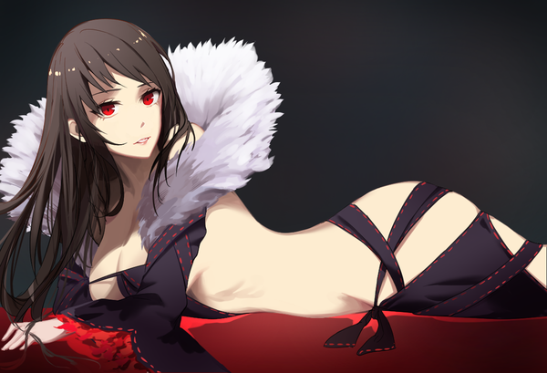 Anime picture 1144x781 with fate (series) fate/grand order yu mei-ren (fate) odya single long hair looking at viewer fringe breasts light erotic simple background red eyes brown hair payot cleavage lying parted lips fur trim dark background on stomach