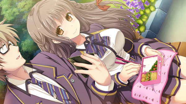 Anime picture 1280x720 with otome switch long hair blush short hair smile brown hair wide image brown eyes game cg couple girl boy uniform flower (flowers) school uniform glasses food obento