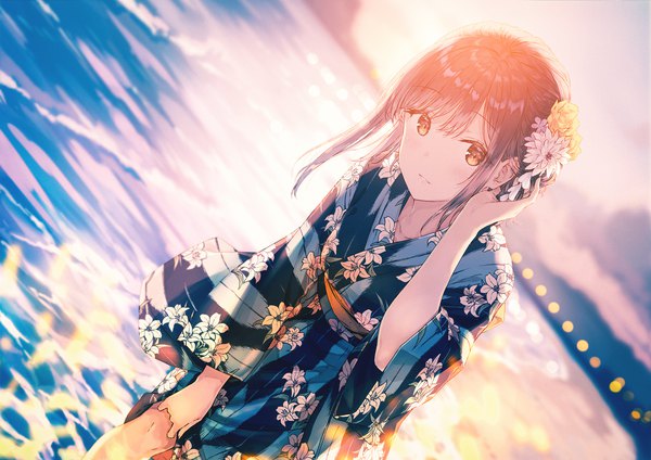 Anime picture 2000x1414 with original hiten (hitenkei) single looking at viewer blush fringe highres short hair hair between eyes brown hair brown eyes payot outdoors traditional clothes parted lips japanese clothes hair flower light smile blurry wide sleeves