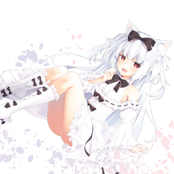 Anime-Bild 800x800 mit azur lane yukikaze (azur lane) yukikaze (swings-sama) (azur lane) kanora single long hair looking at viewer blush fringe open mouth light erotic simple background white background bare shoulders animal ears silver hair bent knee (knees) blunt bangs cat ears wide sleeves