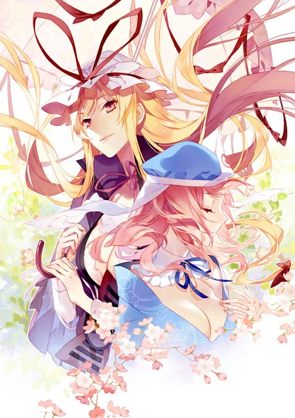 Anime picture 700x990 with touhou yakumo yukari saigyouji yuyuko psd (pixiv) long hair tall image short hair breasts blonde hair smile red eyes large breasts multiple girls looking away pink hair cleavage eyes closed profile cherry blossoms girl