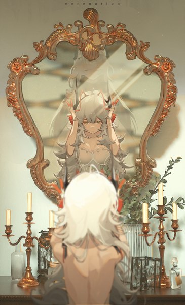 Anime picture 1600x2631 with arknights w (arknights) theresa (arknights) toto (caaaaarrot) long hair tall image multiple girls silver hair indoors horn (horns) from behind alternate costume back reflection alternate hairstyle bare back alternate hair length girl 2 girls candle (candles)