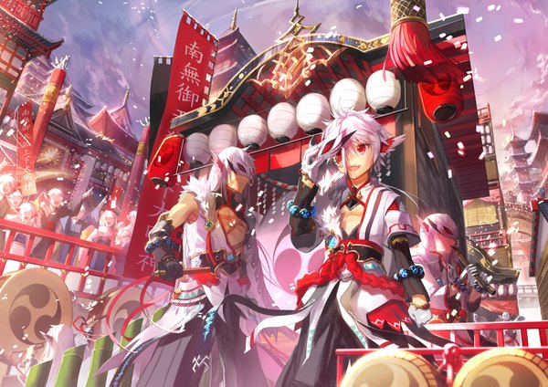 Anime picture 1900x1343 with elsword scorpion5050 long hair highres open mouth red eyes multiple girls animal ears silver hair traditional clothes japanese clothes multiple boys architecture east asian architecture festival musician girl boy gloves fur