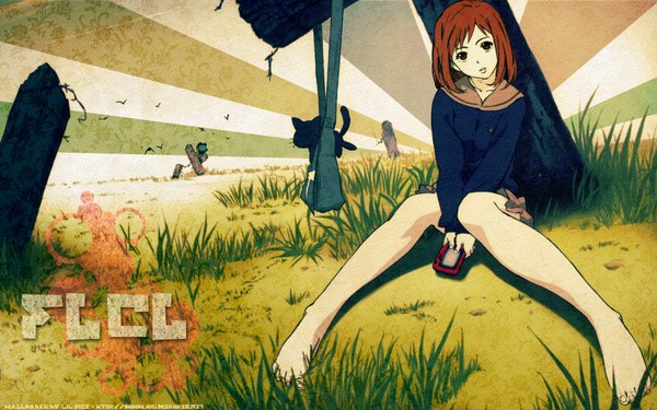 Anime picture 1920x1200 with flcl gainax samejima mamimi canti takkun single looking at viewer highres short hair wide image sitting holding brown eyes sky cloud (clouds) full body bent knee (knees) red hair parted lips head tilt