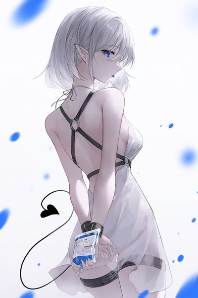 Anime picture 4000x6000 with original crystalherb single tall image fringe highres short hair breasts light erotic simple background hair between eyes standing white background bare shoulders holding absurdres tail profile looking back pointy ears