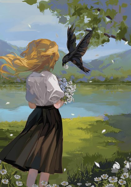 Anime picture 869x1237 with genshin impact fischl (genshin impact) oz (genshin impact) pla4neta single long hair tall image blonde hair standing holding outdoors wind from behind two side up alternate costume lake girl skirt flower (flowers) animal