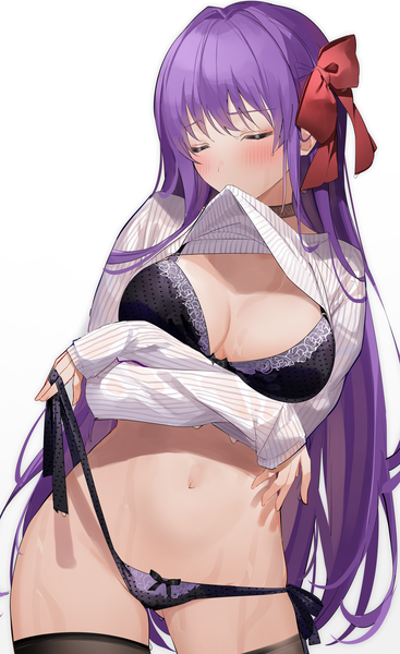 Anime picture 2474x4043 with fate (series) fate/extra fate/extra ccc bb (fate) (all) bb (fate/extra) xretakex single long hair tall image blush fringe highres breasts light erotic simple background large breasts standing white background holding purple hair