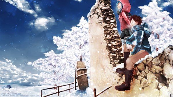 Anime picture 1920x1080 with lebenszeit yina kisuki long hair highres short hair smile brown hair wide image standing sitting signed blue hair sky cloud (clouds) profile couple snowing winter snow exhalation