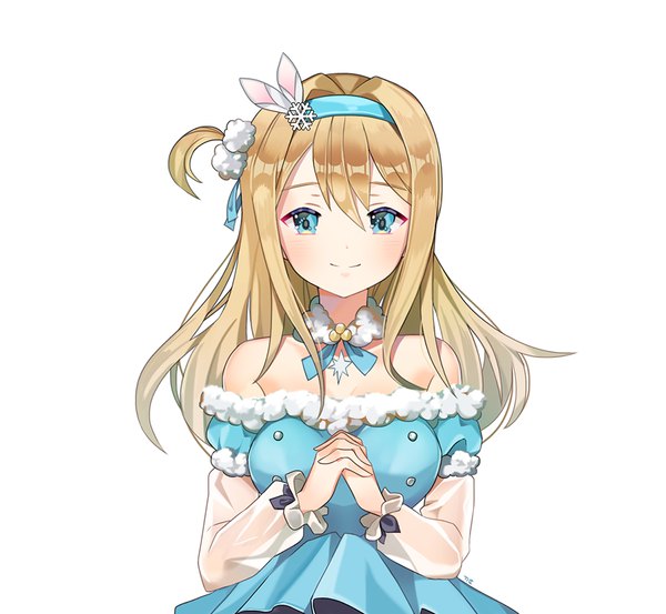 Anime picture 1000x922 with girls frontline suomi kp31 (girls frontline) ggomddak single long hair looking at viewer blush fringe blue eyes simple background blonde hair smile hair between eyes white background upper body fur trim one side up hands clasped interlocked fingers girl