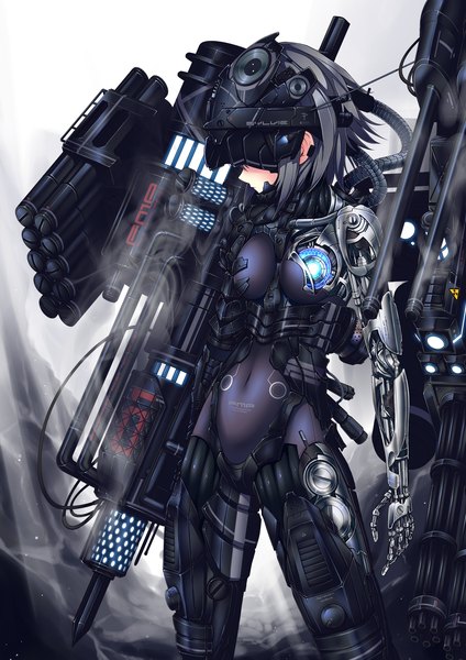 Anime picture 2000x2828 with original ugume single tall image highres short hair breasts standing grey hair smoke glow girl navel weapon gun bodysuit helmet android