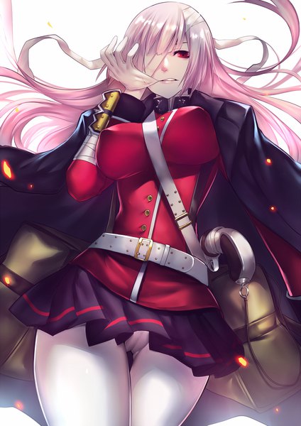 Anime picture 1413x2000 with fate (series) fate/grand order florence nightingale (fate) rahato single long hair tall image looking at viewer fringe breasts light erotic simple background red eyes large breasts standing white background pink hair pleated skirt pantyshot thigh gap