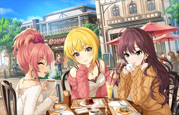 Anime picture 1280x824 with idolmaster idolmaster cinderella girls ichinose shiki jougasaki mika miyamoto frederica long hair looking at viewer blush short hair open mouth blue eyes blonde hair multiple girls yellow eyes pink hair sky purple hair cloud (clouds) outdoors eyes closed