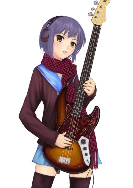 Anime picture 1000x1414 with suzumiya haruhi no yuutsu kyoto animation nagato yuki charimei single tall image looking at viewer blush short hair simple background white background yellow eyes purple hair checkered checkered scarf girl thighhighs black thighhighs serafuku headphones