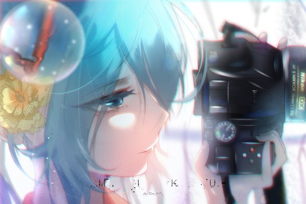 Anime picture 3543x2362 with vocaloid hatsune miku omone hokoma agm single long hair fringe highres twintails holding signed payot looking away absurdres profile hair flower aqua eyes hair over one eye aqua hair character names close-up