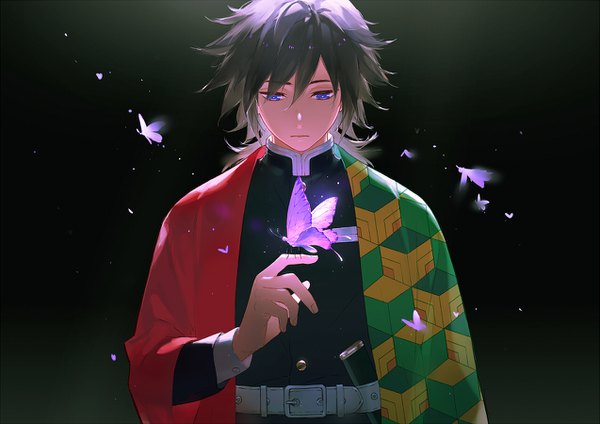 Anime picture 1273x900 with kimetsu no yaiba ufotable tomioka giyuu maosen single long hair fringe blue eyes black hair simple background hair between eyes upper body traditional clothes japanese clothes glowing black background looking down butterfly on hand boy insect