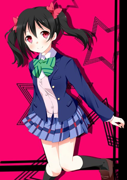 Anime picture 600x847 with love live! school idol project sunrise (studio) love live! yazawa nico kurono yuzuko single tall image blush fringe short hair black hair simple background smile red eyes twintails looking away short twintails pink background leg lift (legs lift) girl