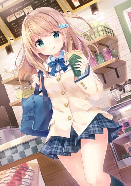 Anime picture 893x1263 with original momoi saki kimishima ao single long hair tall image looking at viewer blush fringe blue eyes blonde hair smile hair between eyes standing holding ahoge bent knee (knees) indoors pleated skirt dutch angle