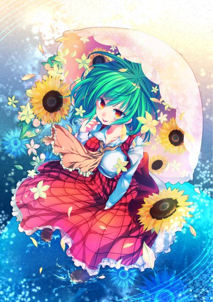 Anime picture 1447x2046 with touhou kazami yuuka cube (maryquant) single tall image short hair smile red eyes green hair girl dress petals umbrella sunflower