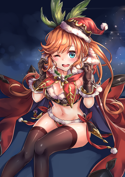 Anime picture 744x1053 with granblue fantasy clarisse (granblue fantasy) ks single long hair tall image looking at viewer blush fringe blue eyes light erotic sitting cleavage one eye closed wink orange hair midriff fur trim christmas girl