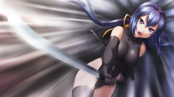 Anime picture 1280x720 with izuna zanshinken (game) open mouth light erotic wide image purple eyes blue hair game cg girl weapon sword katana