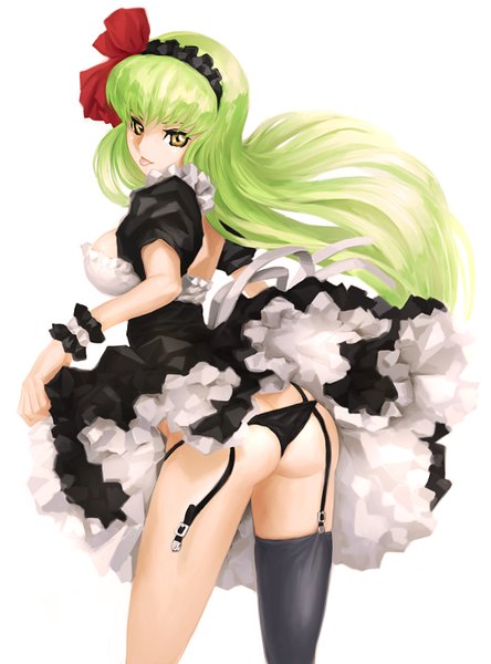 Anime picture 1110x1500 with code geass sunrise (studio) c.c. konta long hair tall image fringe light erotic simple background white background yellow eyes ass looking back green hair girl thighhighs dress underwear panties black thighhighs