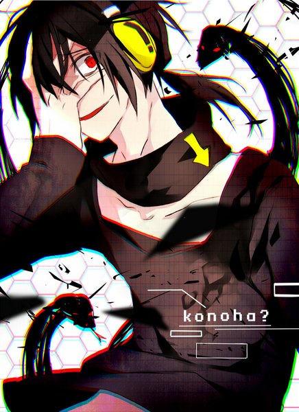 Anime picture 800x1100 with kagerou project shaft (studio) konoha (kagerou project) kuroha hanagata single long hair tall image looking at viewer open mouth black hair smile red eyes ponytail inscription crazy smile boy headphones snake