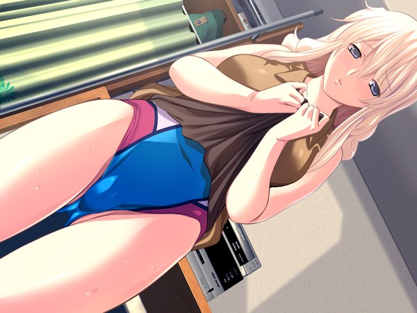 Anime picture 1200x900 with splash! (game) blue eyes light erotic blonde hair game cg girl swimsuit one-piece swimsuit school swimsuit