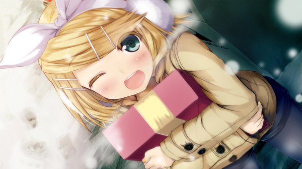 Anime picture 1920x1080 with vocaloid kagamine len daidou (demitasse) single blush highres short hair open mouth blonde hair wide image green eyes one eye closed wink dutch angle snowing winter exhalation girl shorts gift