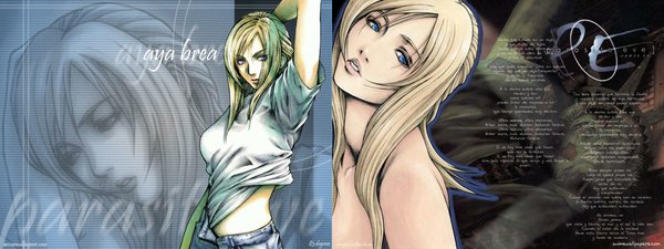 Anime picture 2048x768 with parasite eve (game) aya brea nomura tetsuya long hair highres blue eyes blonde hair wide image lips t-shirt