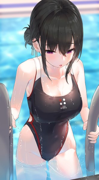 Anime picture 667x1210 with original kfr single tall image blush fringe short hair breasts open mouth light erotic black hair hair between eyes large breasts purple eyes payot wet hair bun (hair buns) looking down poolside girl