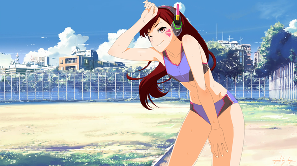 Anime picture 2560x1440 with overwatch blizzard entertainment d.va (overwatch) shugo19 single long hair highres smile brown hair wide image brown eyes sky cloud (clouds) one eye closed blurry :o leaning alternate costume wallpaper leaning forward