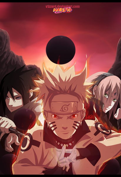 Anime picture 2000x2919 with naruto studio pierrot naruto (series) uzumaki naruto uchiha sasuke haruno sakura blazing-wizard tall image highres short hair black hair blonde hair smile red eyes purple eyes green eyes pink hair sky cloud (clouds) inscription