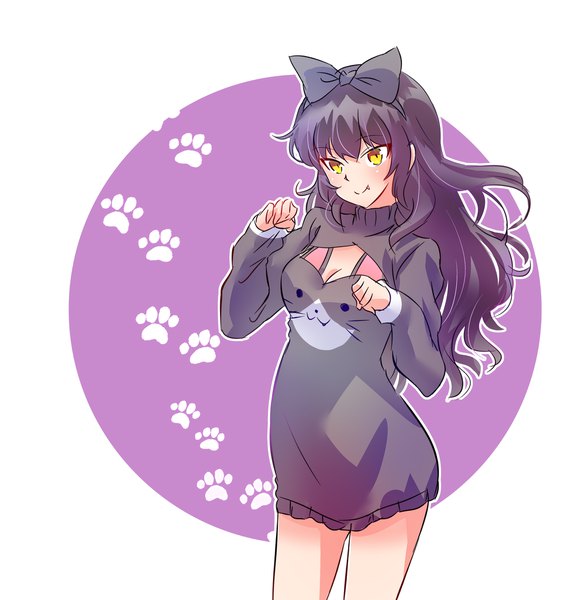 Anime picture 2000x2051 with rwby rooster teeth blake belladonna iesupa single long hair tall image looking at viewer fringe highres breasts light erotic black hair simple background smile white background yellow eyes fang (fangs) wavy hair cleavage cutout