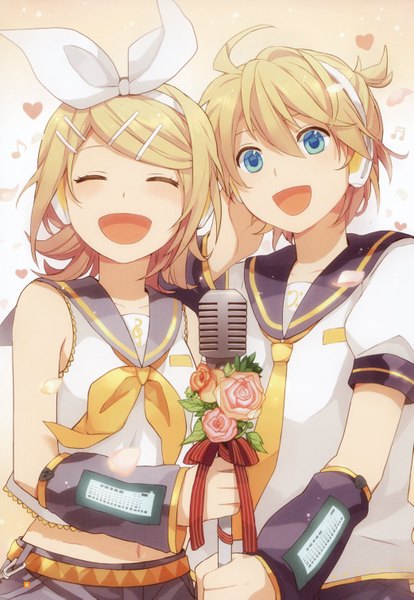Anime picture 2081x3013 with vocaloid kagamine rin kagamine len shirataki nako tall image highres short hair open mouth blue eyes blonde hair eyes closed scan twins girl boy hair ornament flower (flowers) bow hair bow detached sleeves