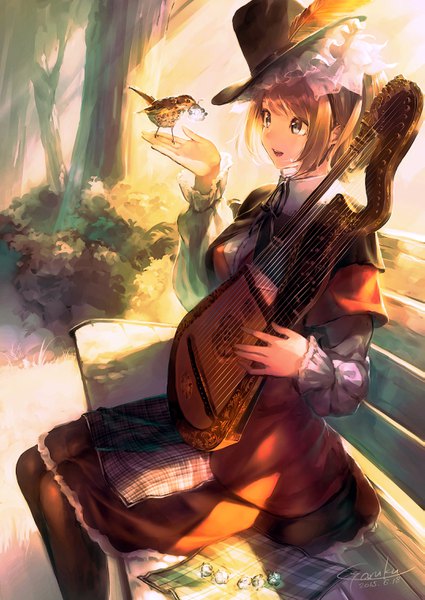 Anime picture 2149x3035 with original garuku single tall image fringe highres short hair open mouth hair between eyes brown hair sitting signed looking away long sleeves :d black eyes sunlight dated bird on hand 2015