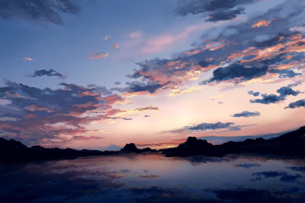 Anime picture 1500x1000 with original penekor sky cloud (clouds) evening reflection sunset no people landscape water