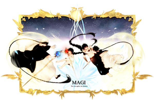Anime picture 3000x1951 with magi the labyrinth of magic a-1 pictures judal aladdin (magi) tagme (artist) long hair highres black hair red eyes braid (braids) barefoot from behind outstretched arm back magic single braid flying framed boy bracelet