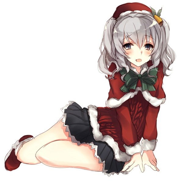 Anime picture 1000x1003 with kantai collection kashima training cruiser kinona (kino10) single long hair tall image blush fringe open mouth simple background hair between eyes white background sitting silver hair bent knee (knees) grey eyes alternate costume fur trim christmas hair bell