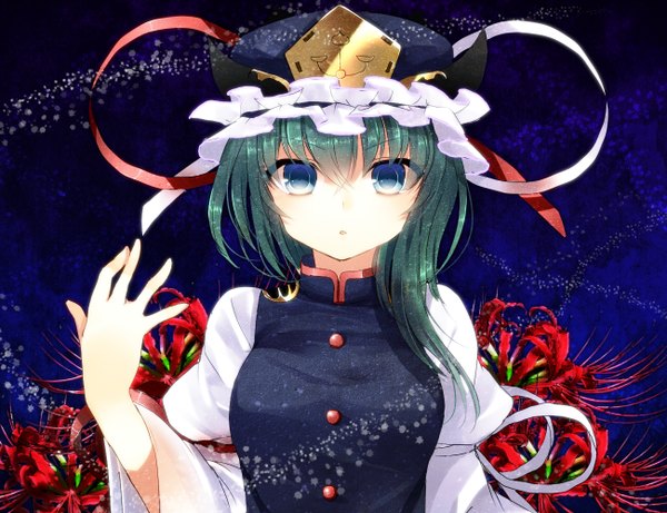 Anime picture 1300x1000 with touhou shikieiki yamaxanadu tsukiriran single short hair blue eyes green hair girl bonnet higanbana