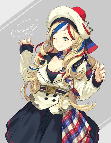 Anime picture 1200x1542 with kantai collection commandant teste (kantai collection) yuu (higashi no penguin) single long hair tall image looking at viewer simple background blonde hair smile cleavage one eye closed multicolored hair wink grey background streaked hair text wavy hair spread arms silver eyes