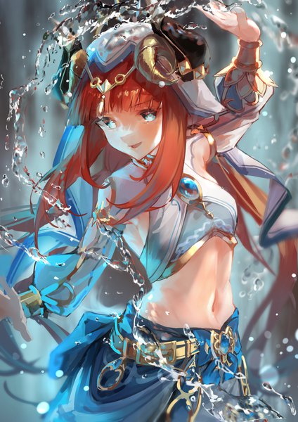 Anime picture 2480x3508 with genshin impact nilou (genshin impact) yu hydra single long hair tall image fringe highres blue eyes looking away red hair blunt bangs horn (horns) midriff girl navel water veil